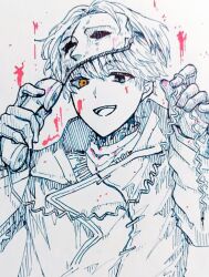 1boy :d blood blood_on_face blue_eyes coat corded_phone gloves hands_up heterochromia holding holding_phone looking_at_viewer male_focus mask mask_on_head monochrome official_alternate_costume ohuman open_mouth pen_(medium) phone reverse:1999 short_hair smile solo spot_color traditional_media upper_body x_(breathing_in_silence)_(reverse:1999) x_(reverse:1999) yellow_eyes
