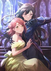 2girls animal_ears black_gloves black_hair breasts choker claws cleavage commentary dress earrings gloves grey_eyes hair_bun hair_ornament highres jewelry long_hair looking_at_viewer love_live! love_live!_nijigasaki_high_school_idol_club medium_breasts medium_hair multiple_girls off-shoulder_dress off_shoulder one_side_up orange_hair shamakho side_bun sidelocks single_side_bun uehara_ayumu yellow_eyes yuki_setsuna yuri