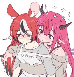 Rule 34 | 2girls, animal ears, black hair, blue eyes, blush, collarbone, hakos baelz, halo, hololive, hololive english, horns, hug, hug from behind, irys (hololive), long hair, mouse ears, mouse girl, multicolored hair, multiple girls, pointy ears, ramphastostella, red hair, simple background, streaked hair, suggestive fluid, virtual youtuber, white background, white hair, yuri