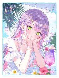1girl alternate_costume border breasts bubble cleavage closed_mouth cup dress drinking_glass drinking_straw earrings food green_eyes hair_ornament hands_on_own_face highres hololive ice_cream ice_cream_float jewelry long_hair purple_hair shell shell_earrings shell_hair_ornament smile solo star_(symbol) star_hair_ornament sundress tokoyami_towa virtual_youtuber white_border yuzuriha_(nx_e78)