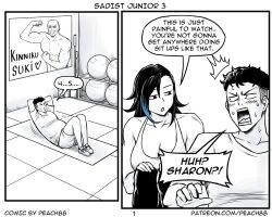 1girl 2boys 2koma artist_name bald ball black_hair blue_hair collarbone comic curly_hair english_text exercising exercise_ball flexing greyscale hands_on_own_knees heart long_hair monochrome multicolored_hair multiple_boys muscular muscular_male original pants partially_colored patreon_username peach88 poster_(object) sharon_wong shirt sit-up speech_bubble sports_bra streaked_hair surprised sweat tank_top undercut yoga_mat yoga_pants