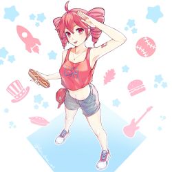 1girl ahoge alternate_costume an_dres_art bare_shoulders baseball_cap blush breasts collarbone commentary denim denim_shorts drill_hair english_commentary feather_print fingernails food full_body grey_shorts guitar_print hair_between_eyes hat hat_print highres hot_dog hot_dog_bun jewelry kasane_teto looking_at_viewer medium_breasts navel necklace pie_print red_eyes red_hair red_nails red_tank_top red_tattoo rocket_print salute sausage shoelaces shoes shorts sneakers solo standing star_(symbol) star_print tank_top tongue tongue_out twin_drills utau white_background white_shoes