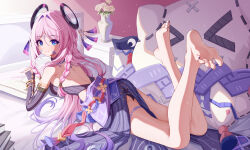 1girl absurdres aichinaigai barefoot black_leotard blue_eyes breasts citlali_(genshin_impact) commentary_request elbow_gloves facial_mark feet fingerless_gloves genshin_impact gloves hair_ornament highres indoors leotard long_hair lying medium_breasts on_stomach pink_hair plant potted_plant purple_sarong sarong smile soles solo the_pose toes triangle triangle_facial_mark