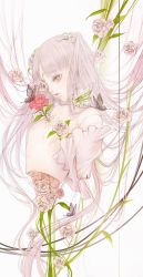 1girl absurdres blunt_bangs bug butterfly choker doll doll_joints expressionless eyepatch flat_chest flower flower_choker flower_eyepatch flower_over_eye hair_strand half_updo highres insect joints kirakishou leaf long_hair looking_down no_bra pink_flower pink_rose rose rozen_maiden satsuki_kei simple_background solo topless_female torso twintails wavy_hair white_flower white_hair white_rose yellow_eyes