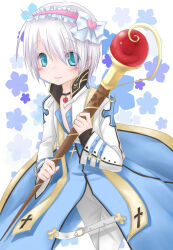 1boy arch_bishop_(ragnarok_online) black_choker blue_coat blue_eyes blush bow choker closed_mouth coat commentary_request cowboy_shot cropped_jacket cross cross_choker cross_of_prontera frilled_hairband frills hair_bow hair_ornament hairband heart heart_hair_ornament holding holding_staff jacket long_sleeves looking_at_viewer male_focus pants pink_hairband ragnarok_online short_hair smile solo staff white_background white_bow white_hair white_jacket white_pants yoru_nagatsuki