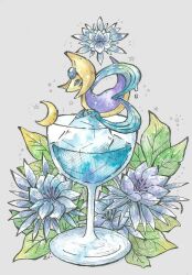 alternate_color colored_skin crescent cresselia cup drinking_glass flower gen_4_pokemon grey_background highres ice leaf legendary_pokemon multicolored_skin nintendo pokemon pokemon_(creature) purple_eyes purple_skin rai_(rai_kw) shiny_pokemon yellow_skin