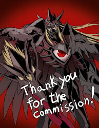 Rule 34 | 10 09hwan, 1boy, absurdres, arm blade, armor, black armor, blonde hair, commission, cowboy shot, digimon, digimon (creature), duskmon, extra eyes, fusion, highres, long hair, male focus, red background, red eyes, simple background, skeb commission, solo, thank you, velgrmon, weapon