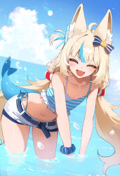 Rule 34 | 1girl, :d, ^ ^, absurdres, animal ears, blonde hair, blue eyes, blue hair, blue sky, cat ears, closed eyes, cloud, commentary, day, fins, fish girl, fish tail, highres, indie virtual youtuber, midriff, multicolored hair, navel, open mouth, outdoors, sameko saba, shorts, sky, smile, solo, streaked hair, tail, virtual youtuber, weiic, white shorts
