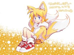 blonde_hair blue_eyes child fox gloves humanization misuta710 multiple_tails shoes short_hair shorts shota sitting smile socks sweater tail tails_(sonic) two_tails