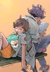 Rule 34 | 2boys, arm up, bench, blue pants, brown hair, closed eyes, coat, collared shirt, dark-skinned male, dark skin, fingernails, florian (pokemon), holding, holding notebook, hwiwoyako, jacq (pokemon), leaning, leaning back, leg up, male focus, multiple boys, naranja academy school uniform, nintendo, notebook, on bench, open mouth, orange background, orange shorts, pants, parted hair, pocket, pokemon, pokemon (creature), pokemon sv, purple hair, quaxly, reading, sandals, school uniform, shirt, short hair, short sleeves, shorts, signature, sitting, sleeping, sleeves rolled up, white coat, white shirt, wing collar