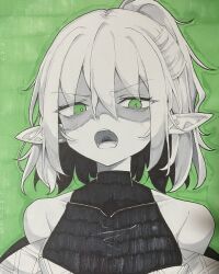 1girl bags_under_eyes commentary_request green_background green_eyes greyscale_with_colored_background half_updo highres hisha_(kan_moko) looking_at_viewer mizuhashi_parsee open_mouth pointy_ears ponytail shaded_face shirt short_hair short_ponytail sleeveless sleeveless_shirt solo touhou upper_body v-shaped_eyebrows