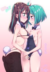 Rule 34 | 1futa, 1girl, ahoge, akoya matama, anemo nemo, ass, asymmetrical docking, bikini, black bikini, black bow, black bowtie, black leotard, black pantyhose, blush, bow, bowtie, breast press, breasts, brown hair, bulge, closed mouth, collar, covered navel, erection, erection under clothes, fake tail, feet out of frame, from side, full-face blush, futa with female, futanari, green eyes, groin, highres, large breasts, leotard, lips, long hair, looking at another, mahou shoujo ni akogarete, multicolored hair, open mouth, pantyhose, penis grab, pink background, playboy bunny, playboy bunny bikini, purple eyes, rabbit tail, rinne (mizunosato), sharp teeth, shiny skin, short hair, sideboob, simple background, small breasts, streaked hair, sweat, swimsuit, tail, teeth, white collar