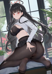 1girl ass black_bra black_hair black_halo black_pantyhose black_skirt blue_archive blush bra breasts bright_pupils cameltoe clothes_lift commentary_request feet flower glass_door hair_ornament hairclip hairpin halo highres hokori_sakuni indoors lace lace-trimmed_bra lace_trim large_breasts long_hair long_sleeves looking_at_viewer looking_back miniskirt no_panties no_shoes pantyhose plant potted_plant red_eyes red_flower red_rose rio_(blue_archive) rose skirt skirt_lift soles sweater sweater_lift underwear watch white_pupils white_sweater
