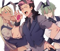 3boys alternate_costume animal_ears aqua_eyes black_gloves black_hair black_necktie blonde_hair chinese_zodiac collared_leotard earrings elan_ceres fake_animal_ears furrowed_brow gloves green_eyes green_hair grey_leotard grey_shirt guel_jeturk gundam gundam_suisei_no_majo hair_behind_ear hair_between_eyes hand_on_own_hip hand_to_own_mouth highres jewelry leotard long_hair long_sleeves male_focus mullet multicolored_hair multiple_boys necktie open_mouth otenki93 parted_bangs pink_hair playboy_bunny puffy_long_sleeves puffy_sleeves rabbit_ears shaddiq_zenelli shirt short_hair short_sleeves sidelocks smile tan tassel tassel_earrings teeth toned toned_male two-tone_hair upper_body vest waistcoat white_background white_leotard wrist_cuffs year_of_the_rabbit