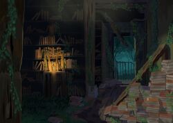 abandoned absurdres ame246 book book_stack bookshelf commentary_request dark dilapidated grass highres indoors lantern moss no_humans original overgrown plant railing scenery vines wooden_chair wooden_floor