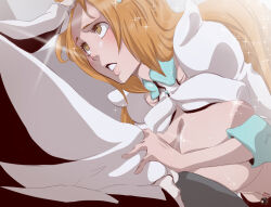 Rule 34 | 1boy, 1girl, bleach, bleach: sennen kessen-hen, blush, breasts, brown eyes, giselle gewelle, hand on another&#039;s head, highres, huge breasts, inoue orihime, long hair, looking up, maxi, orange hair, shiny skin, sparkle, trap