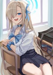 1girl asuna_(blue_archive) asuna_(school_uniform)_(blue_archive) blonde_hair blue_archive blue_bow blue_eyes blue_ribbon blue_scrunchie blue_skirt bow breasts chair cleavage desk hair_ornament hair_over_one_eye hair_ribbon highres large_breasts long_hair looking_at_viewer official_alternate_costume open_mouth ribbon school_chair school_desk scrunchie shirt skirt smile solo very_long_hair wangqi white_shirt