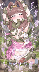1girl absurdres amano_nene_(digimon_xros_wars) arms_up blush breasts brown_hair clothing_aside commentary_request cum cum_in_pussy digimon digimon_xros_wars ejaculation fellatio fukuiii0110 highres long_hair medium_breasts nipples oral panties panties_aside purple_eyes restrained solo stomach_bulge tentacle_sex tentacles torn_clothes underwear vaginal variant_set white_panties