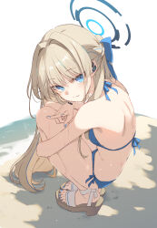 1girl bare_shoulders bikini blonde_hair blue_archive blue_bikini blue_eyes blue_hair blue_halo blue_nails blue_ribbon blue_streaks blush breasts commentary hair_intakes hair_ribbon halo headset highres long_hair looking_at_viewer median_furrow multicolored_hair platform_sandals ribbon sandals satou_kibi shoulder_blades side-tie_bikini_bottom sideboob sidelocks smile solo squatting streaked_hair swept_bangs swimsuit toki_(blue_archive) v very_long_hair wet