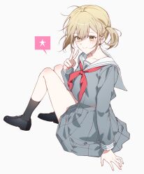 1girl azusawa_kohane black_shoes black_socks brown_eyes brown_hair commentary grey_serafuku grey_shirt grey_skirt hair_between_eyes highres long_hair long_sleeves looking_at_viewer midriff_peek mikan_(migwang) miyamasuzaka_girls&#039;_academy_school_uniform neckerchief project_sekai red_neckerchief sailor_collar school_uniform serafuku shirt shoes short_hair short_twintails simple_background sitting skirt socks solo twintails very_long_hair white_background white_sailor_collar