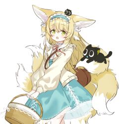1girl :o animal_ears arknights basket blonde_hair blue_hairband blue_skirt brown_jacket commentary_request crossover fox_ears fox_girl fox_tail frilled_hairband frills green_eyes hair_between_eyes hairband heixiu highres holding holding_basket jacket kitsune lalihop long_hair long_sleeves looking_at_viewer luo_xiaohei luo_xiaohei_(cat) luo_xiaohei_zhanji multicolored_hair open_clothes open_jacket puffy_long_sleeves puffy_sleeves shirt simple_background skirt suzuran_(arknights) suzuran_(spring_praise)_(arknights) tail two-tone_hair very_long_hair white_background white_hair white_shirt