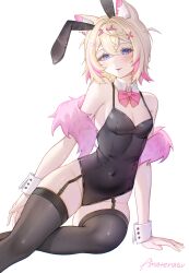 1girl absurdres amaterasu_(artist) animal_ears arm_support bandaid bandaid_hair_ornament black_leotard black_thighhighs blonde_hair blue_eyes bow bowtie breasts covered_navel detached_collar dog_ears dog_girl hair_ornament hairband highleg highleg_leotard highres hololive hololive_english horn_hairband leotard mococo_abyssgard pink_bow pink_bowtie pink_hairband pink_streaks playboy_bunny rabbit_ears small_breasts solo thighhighs virtual_youtuber wrist_cuffs x_hair_ornament