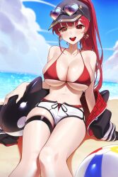 1girl :d absurdres ball baseball_cap beach beachball bikini blue_sky breasts cloud day dolphin_shorts earrings eyewear_on_headwear hat heart heart_earrings highres hololive houshou_marine houshou_marine_(summer) huge_breasts jewelry large_breasts ocean open_mouth red_bikini sbgu shorts sitting sky smile swimsuit thick_thighs thighs virtual_youtuber