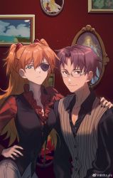 1boy 1girl aida_kensuke beard blue_eyes breasts brown_eyes brown_hair cleavage evangelion:_3.0+1.0_thrice_upon_a_time eyepatch facial_hair frown glasses hair_between_eyes hair_ornament hairclip hand_on_another&#039;s_shoulder hand_on_own_hip highres long_hair looking_at_viewer medium_breasts neon_genesis_evangelion painting_(object) rebuild_of_evangelion sitting smile souryuu_asuka_langley standing twintails zumikyuu