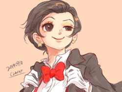 1girl animification bow brown_eyes brown_hair closed_mouth cosplay disney gloves humanization looking_at_viewer malaysiayam_bkk mickey_mouse mickey_mouse_&amp;_friends mickey_mouse_(cosplay) minnie_mouse personification red_bow short_hair smile solo tuxedo white_gloves