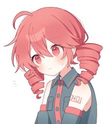 Rule 34 | 1girl, ahoge, bare shoulders, black sleeves, blush, buttons, closed mouth, collared shirt, commentary, detached sleeves, double-parted bangs, drill hair, grey shirt, hair between eyes, highres, kasane teto, kasane teto (utau), light smile, medium hair, meroharome, number tattoo, red eyes, red hair, shirt, shoulder tattoo, simple background, sleeveless, sleeveless shirt, solo, sweatdrop, tattoo, twin drills, upper body, utau, white background