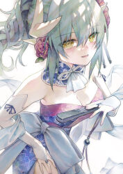 1girl bare_shoulders blue_dress blush breasts bridal_gauntlets cleavage detached_collar detached_sleeves dmith dragon_girl dragon_horns dress fate/grand_order fate_(series) flower folding_fan green_hair hair_flower hair_ornament hand_fan high_ponytail highres horns kiyohime_(fate) long_hair looking_at_viewer medium_breasts ponytail sash side_slit yellow_eyes