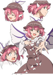 Rule 34 | :d, animal ears, bird ears, bird wings, bow, brown eyes, brown hat, brown skirt, brown vest, closed eyes, collared shirt, commentary request, cropped shoulders, earrings, fingernails, gyouza (mhea5724), hat, highres, jewelry, long sleeves, mob cap, multiple expressions, multiple views, mystia lorelei, open mouth, outstretched arms, pink hair, pink nails, reaching, reaching towards viewer, sharp fingernails, shirt, simple background, skirt, smile, surprised, touhou, vest, white background, white bow, white shirt, winged hat, wings