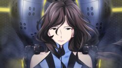 1girl bare_shoulders blood blood_drip blood_from_forehead blood_on_face blue_bodysuit bodysuit brown_eyes brown_hair clothing_cutout collarbone exoskeleton floating_hair frown fukuda_tomonori game_cg hair_over_shoulder high_collar highres indoors lipstick long_hair looking_at_viewer makeup mature_female mecha_interior mecha_pilot_suit narrowed_eyes non-web_source official_art parted_bangs pilot piloting red_lips robotics;notes senomiya_misaki serious shiny_lips shoulder_cutout sitting skin_tight smoke solo vertical-striped_bodysuit
