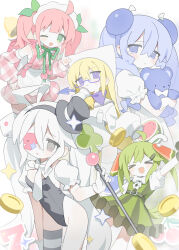 &gt;_&lt; 5girls 7_(number) ahoge apron bell belt black_hairband black_hat black_leotard blonde_hair blue-framed_eyewear blue_eyes blue_hair bow bowtie cane cat_tail cherry closed_mouth coin commentary daizu_(melon-lemon) detached_sleeves dress food food-themed_hair_ornament fruit gambling glasses gloves green_dress green_eyes green_hair grey_thighhighs hair_ornament hairband hand_up hat highres holding holding_cane holding_stuffed_toy index_finger_raised leotard long_hair long_sleeves looking_at_viewer mini_hat mini_top_hat multiple_girls neck_bell neck_ribbon one_eye_closed one_eye_covered open_mouth original personification pink_hair puffy_short_sleeves puffy_sleeves purple_bow purple_bowtie purple_eyes ribbon semi-rimless_eyewear short_dress short_sleeves single_thighhigh sleeveless sleeveless_dress sleeves_past_fingers sleeves_past_wrists slot_machine smile sparkle strapless strapless_leotard striped_clothes striped_thighhighs stuffed_animal stuffed_toy symbol-only_commentary tail teddy_bear thighhighs top_hat twintails under-rim_eyewear very_long_hair waist_apron watermelon watermelon_hair_ornament watermelon_slice white_apron white_gloves white_hair white_leotard