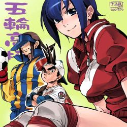 Rule 34 | 1girl, 2boys, ayuhara natsu, ball, baseball bat, capcom, furudori yayoi, hat over eyes, justice gakuen, lowres, multiple boys, roberto miura, sawamura shouma, shiritsu justice gakuen, sleeves pushed up, soccer ball, visor cap
