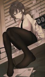 1girl absurdres black_hair black_necktie black_pantyhose blush book book_stack coat collared_shirt cross cross_necklace feet grey_eyes highres indie_virtual_youtuber jewelry kanaut_nishe karou_(lhscck302) lab_coat legs looking_at_viewer necklace necktie off_shoulder on_table open_clothes open_coat pantyhose shirt short_hair sidelocks sitting sleeveless sleeveless_shirt slit_pupils solo table toes virtual_youtuber white_shirt window_blinds