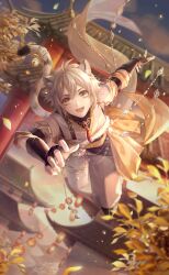 Rule 34 | 1boy, animal ear fluff, animal ears, antenna hair, architecture, armlet, artist request, baggy pants, bell, black shirt, black shoes, blue sky, bow, bracer, chinese clothes, dutch angle, east asian architecture, eyelashes, fingernails, full body, game cg, ginkgo leaf, ginkgo tree, gradient sky, grey hair, hair between eyes, happy, highres, jewelry, jumping, lantern, layered shirt, leaf, leaning forward, light particles, lingwu (shining nikki), male focus, mountainous horizon, neck tassel, nikki (series), official art, open mouth, orange sky, pants, paper lantern, shining nikki, shirt, shoes, short hair, sky, sleeveless, sleeveless shirt, smile, solo, sun, sunset, tail, tail bell, tail ornament, tassel, teeth, tiger boy, tiger ears, tiger tail, torii, tree, waist bow, white pants, white shirt, yellow bow, yellow eyes