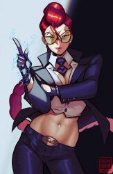 1girl absurdres between_breasts black_jacket black_pants braid breasts calvin_sims cleavage crimson_viper crop_top dark-skinned_female dark_skin dougi earrings formal_clothes glasses gloves highres index_finger_raised jacket jewelry large_breasts lips long_hair mature_female navel necktie necktie_between_breasts orange-tinted_eyewear pant_suit pants pompadour red_hair safety_glasses shirt single_braid solo street_fighter street_fighter_iv_(series) suit sunglasses tinted_eyewear white_shirt yellow-tinted_eyewear