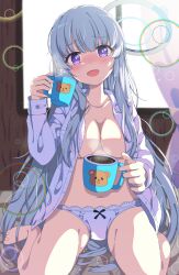 1girl barefoot bed blue_archive blush bow bow_panties breasts commission cup dress_shirt halo highres holding large_breasts long_hair looking_at_viewer mikoshi_(user_wvyd4348) mug noa_(blue_archive) open_mouth panties purple_eyes shirt skeb_commission smile solo underwear underwear_only very_long_hair