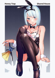 Rule 34 | 1girl, animal ear hairband, animal ears, aqua eyes, aqua hair, ass, bikini, bikini top only, black bow, black bowtie, black thighhighs, blue flower, blue nails, blue rose, bob cut, bow, bowtie, breasts, cleavage, copyright name, cover, cover page, detached collar, fake animal ears, flower, gradient background, grey background, hairband, high heels, highres, hiiragi seraphy, honey trap shared house, knees together feet apart, knees up, kouzuki kouichi, leotard, manga cover, medium breasts, micro bikini, nail polish, official art, parted lips, playboy bunny, rabbit ear hairband, rabbit ears, rose, see-through clothes, see-through leotard, short sword, sitting, solo, strapless, strapless leotard, strappy heels, string bikini, swimsuit, sword, thighhighs, third-party source, weapon, wrist cuffs