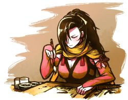 10s 1girl 2016 art_brush artist_name black_hair breasts cleavage closed_eyes commentary dated elbow_gloves female_focus fingerless_gloves fire_emblem fire_emblem_fates gloves hair_over_one_eye holding inkwell kagero_(fire_emblem) killuba long_hair nintendo paintbrush paper ponytail scarf solo table tassel