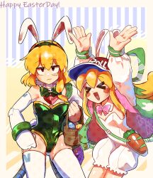 &gt;_&lt; 2girls animal_ears arms_up baseball_cap blonde_hair blush breasts character_name cleavage easter green_leotard hat highres leotard long_hair medium_breasts mega_man_(classic) mega_man_(series) multiple_girls original piano_(srnhuyuno) playboy_bunny rabbit_ears red_eyes red_hat roll_(mega_man) scar scar_on_face srnhuyuno thighhighs white_leotard white_thighhighs