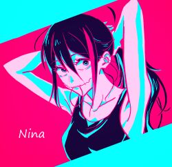 1girl adjusting_hair armpits arms_behind_head bare_arms bare_shoulders black_hair black_tank_top blue_eyes breasts bright_pupils character_name collarbone colored_skin commentary creepypasta double-parted_bangs glasgow_smile hair_between_eyes hair_tie_in_mouth highres limited_palette long_hair looking_at_viewer medium_breasts mouth_hold multicolored_hair nina_the_killer nocturnalsky parted_lips pink_background pink_hair ponytail raised_eyebrows sidelocks simple_background solo streaked_hair tank_top two-tone_hair upper_body white_pupils white_skin wide-eyed