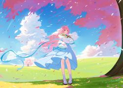 1girl :o absurdres ankle_socks artist_request back_ribbon blue_dress blue_ribbon blue_sky bouquet cherry_blossoms chinese_commentary cloud commentary_request day dot_nose dress falling_petals floating_clothes floating_hair flower full_body highres hill holding holding_bouquet knees long_hair long_sleeves mary_janes medium_dress nikki_(nikki) nikki_(series) outdoors parted_lips petals pinafore_dress pink_eyes pink_hair pleated_dress puffy_long_sleeves puffy_sleeves ribbon second-party_source shade shirt shoes sky sleeveless sleeveless_dress sleeves_past_wrists socks solo spring_(season) standing tree under_tree very_long_hair white_shirt white_shoes wind