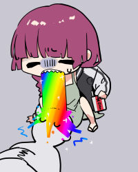 Rule 34 | 1boy, 1girl, absurdres, alcohol carton, bocchi the rock!, braid, chibi, highres, hiroi kikuri, long hair, lying, on back, red hair, sharp teeth, shiromonefu, simple background, teeth, vomit, vomiting rainbows