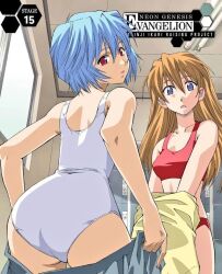 1girl 2girls ass ayanami_rei back blue_eyes blue_hair blue_skirt bra breasts dressing indoors locker long_hair multiple_girls neon_genesis_evangelion panties red_bra red_eyes red_panties sao_(55_nyu) shirt short_hair skirt solo souryuu_asuka_langley underwear white_panties white_shirt