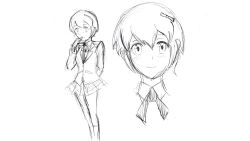 1girl alternate_breast_size arm_behind_back blazer blush bow breasts closed_mouth collared_shirt commentary concept_art covering_own_mouth cropped_head doki_doki_literature_club doki_doki_literature_club_plus doki_doki_literature_club_school_uniform dot_nose double-parted_bangs dress_shirt english_commentary feet_out_of_frame game_cg greyscale hair_bow hand_on_own_face highres horoko jacket kneehighs legs_together long_eyelashes long_sleeves looking_at_viewer miniskirt monochrome multiple_views neckerchief non-web_source official_art pleated_skirt production_art raised_eyebrows sayori_(doki_doki_literature_club) school_uniform shirt short_hair sidelocks simple_background sketch skirt small_breasts smile socks solo straight-on tareme thick_eyelashes thighs white_background wide-eyed