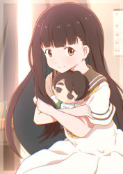 1girl binzume_suika black_hair brown_eyes brown_sailor_collar brown_serafuku character_doll closed_mouth commentary_request doll dress highres holding holding_doll indoors long_hair looking_at_viewer make_heroine_ga_oo_sugiru! neckerchief nukumizu_kaju nukumizu_kazuhiko sailor_collar sailor_dress school_uniform serafuku short_sleeves solo white_dress yellow_neckerchief