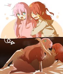 2girls @_@ arm_hug arms_around_neck bab13081 blue_eyes blush bocchi_the_rock! closed_eyes commentary_request cube_hair_ornament gotoh_hitori hair_ornament highres jacket kita_ikuyo korean_commentary long_hair multiple_girls one_side_up open_mouth pink_hair pink_jacket red_hair red_shirt school_uniform shirt short_sleeves shuka_high_school_uniform sweatdrop track_jacket yellow_shirt yuri