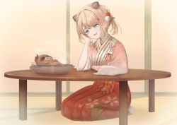 1girl animal_ear_fluff animal_ears arm_rest blonde_hair blue_eyes bow commentary_request extra_ears full_body hair_ornament hakama hakama_skirt head_rest highres hololive japanese_clothes kazama_iroha kimono long_sleeves looking_at_animal open_mouth pink_kimono pokobee pom_pom_(clothes) pom_pom_hair_ornament pot red_hakama seiza short_hair short_twintails sitting skirt smile solo table teeth twintails upper_teeth_only virtual_youtuber white_bow yoruillust